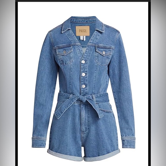 PAIGE Pants - NWT PAIGE Maggy Tie Waist Long Sleeve Denim Romper jeans size 12 NWT